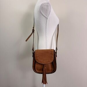 Mellow World Brown Vegan Leather Whipstitch Tassel Crossbody Saddle Bag